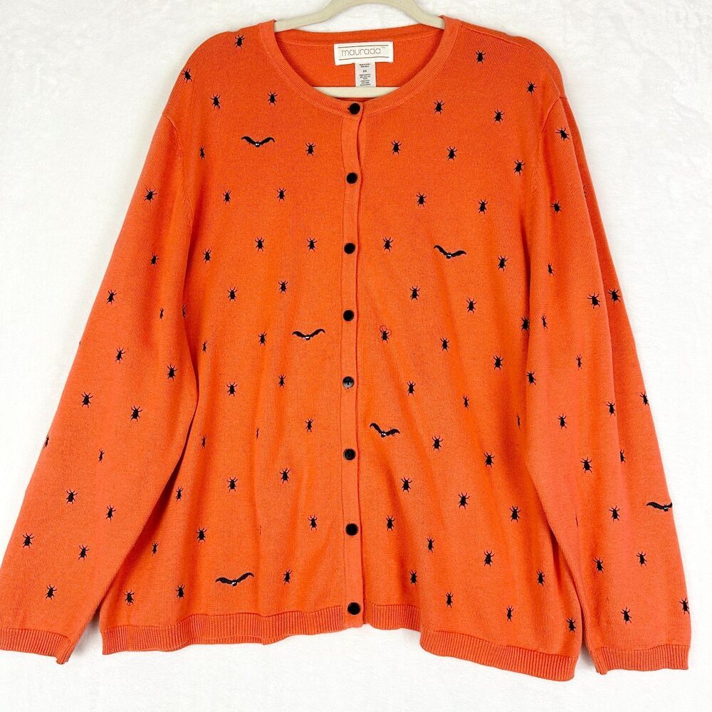 Vintage Maurada Halloween Cardigan 2X Bat Bug Button Front Orange Embroidered